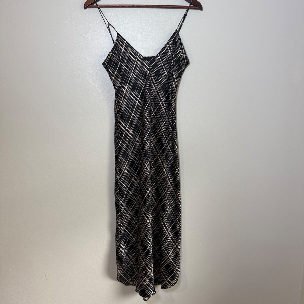 Nili Lotan Short Cami Dress Silk Geometric Grid Slip Dress Size Small Black Tan